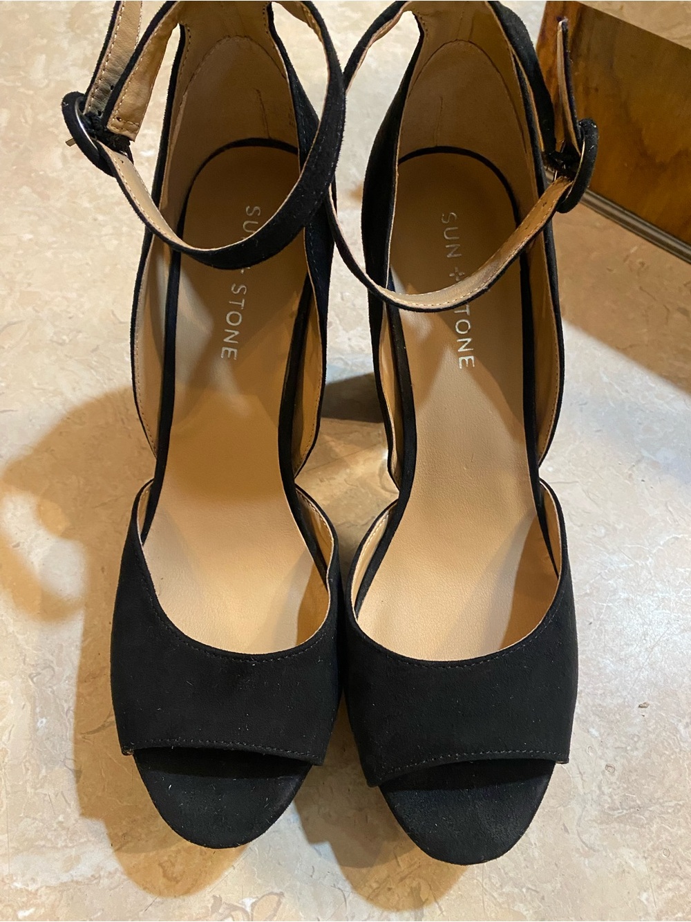 Sun + Stone Black Suede Peep-Toe Ankle-Strap Heels